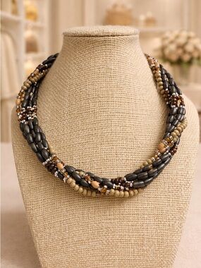 Vintage NAPIER Black Brown Beaded Necklace Twisted Multi Chain Fashion Cocoktail